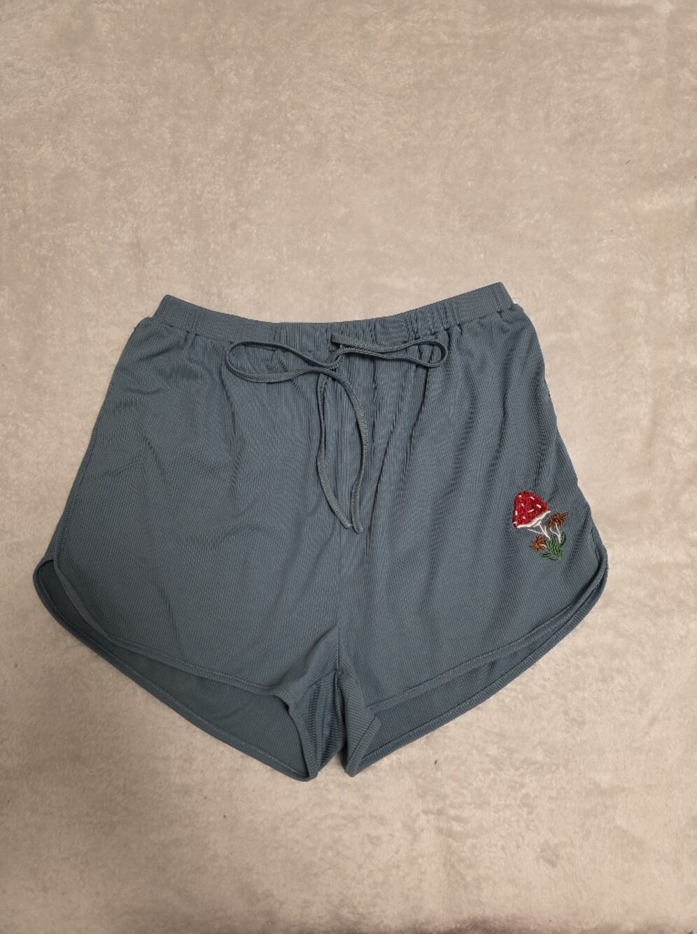 ROMWE Slate Blue Athletic Drawstring Shorts with Mushroom Embroidery